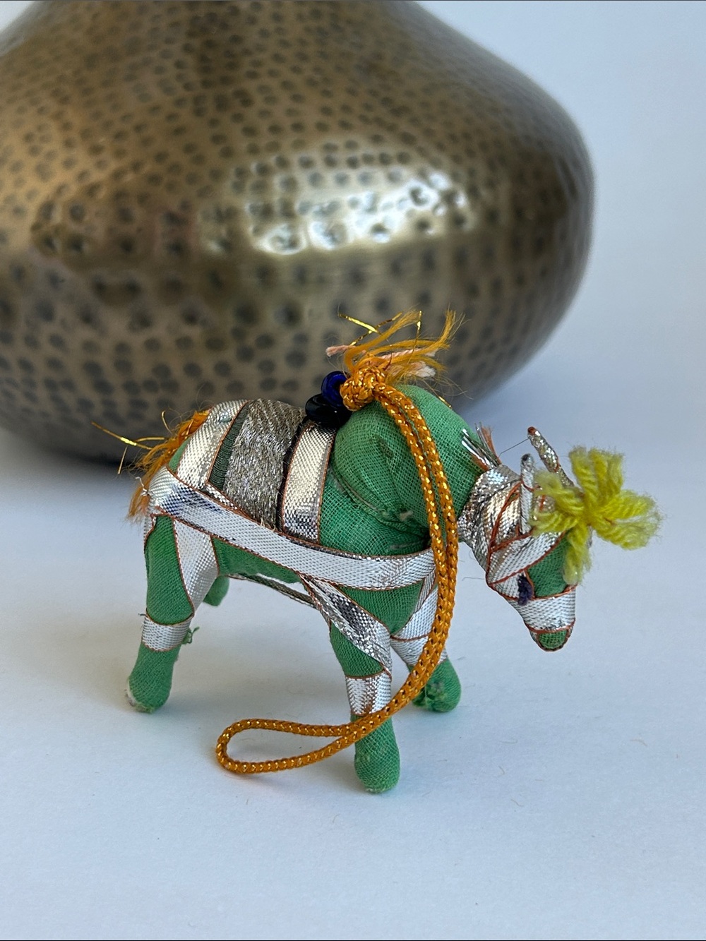 Vintage Green Metallic Fabric Patchwork Donkey Ornament with Silver Trim